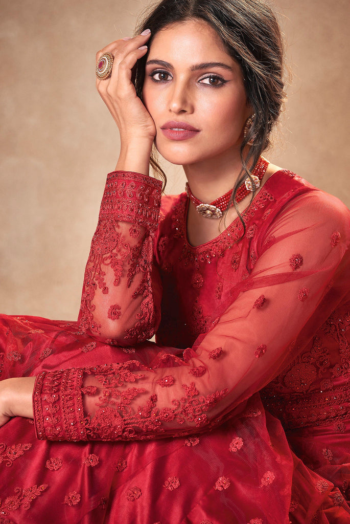 Cardinal Red Designer Embroidered Wedding Anarkali Suit-Saira's Boutique