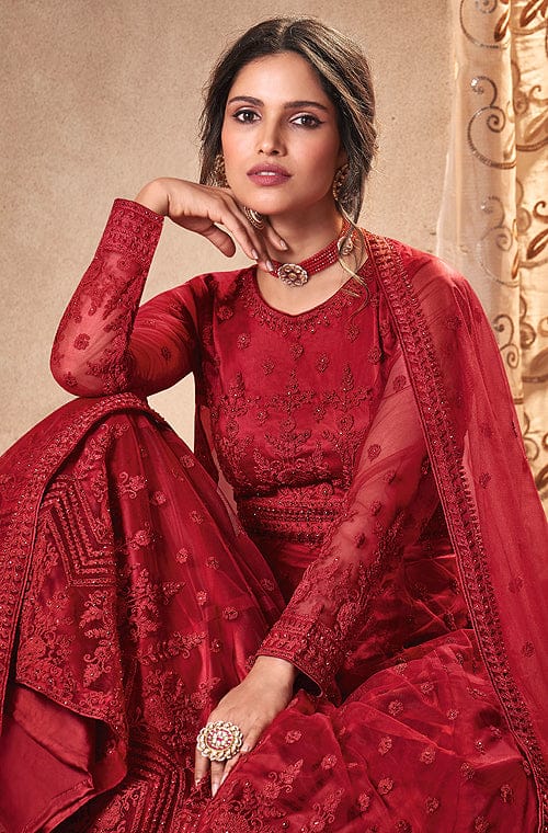 Cardinal Red Designer Embroidered Wedding Anarkali Suit-Saira's Boutique