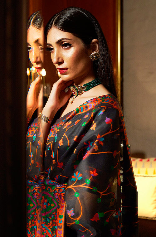 Charcoal Black Multicolor Designer Embroidered Silk Wedding Saree-Saira's Boutique