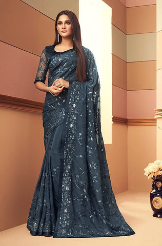 Peacock Blue Designer Embroidered Silk Party Wear Saree