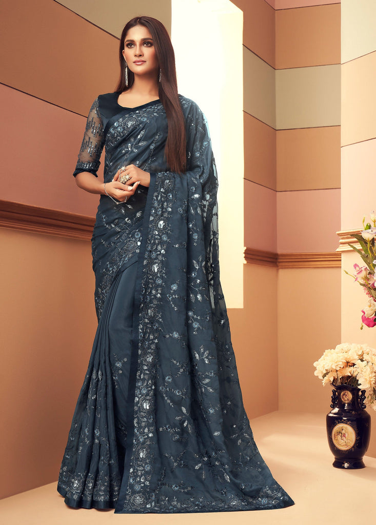 Charcoal Blue Designer Embroidered Silk Wedding Saree-Saira's Boutique