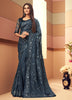 Charcoal Blue Designer Embroidered Silk Wedding Saree-Saira's Boutique