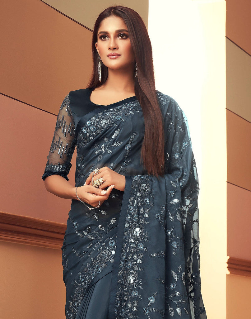 Charcoal Blue Designer Embroidered Silk Wedding Saree-Saira's Boutique