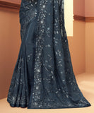 Charcoal Blue Designer Embroidered Silk Wedding Saree-Saira's Boutique