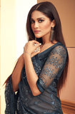 Charcoal Blue Designer Embroidered Silk Wedding Saree-Saira's Boutique