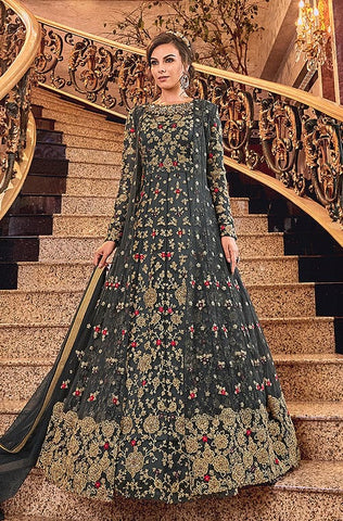 Mint Green Designer Heavy Embroidered Net Bridal Anarkali Gown