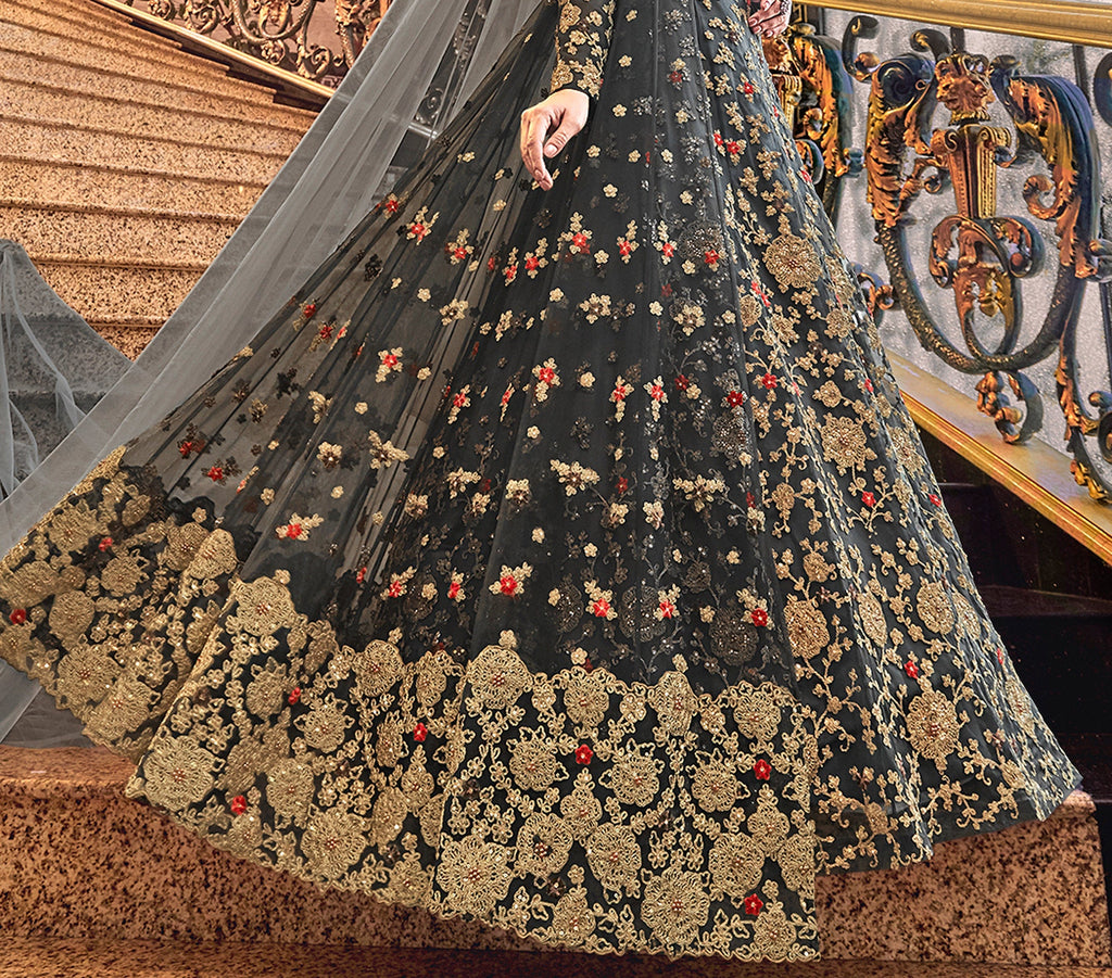 Charcoal Gray Designer Heavy Embroidered Net Bridal Anarkali Gown-Saira's Boutique