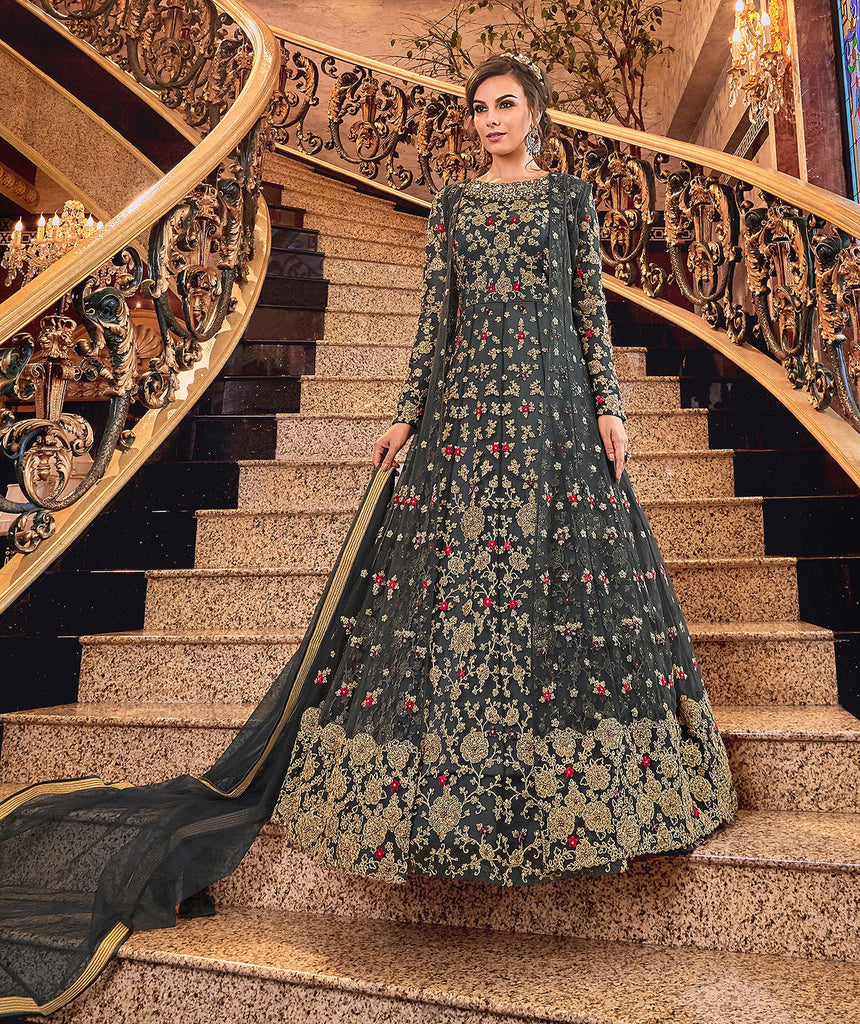 Charcoal Gray Designer Heavy Embroidered Net Bridal Anarkali Gown-Saira's Boutique