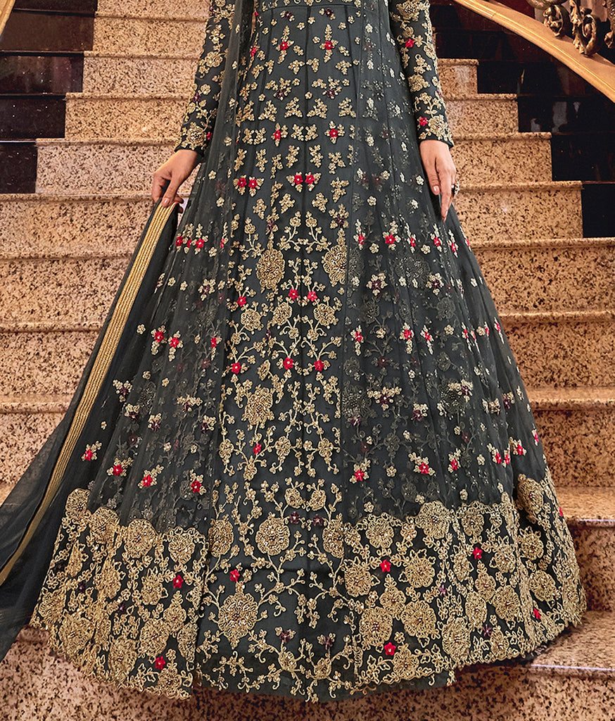 Charcoal Gray Designer Heavy Embroidered Net Bridal Anarkali Gown-Saira's Boutique