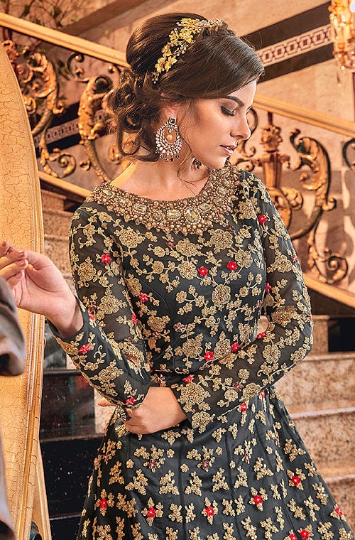 Cream Beige Designer Embroidered Satin Bridal Anarkali Gown | Saira's  Boutique