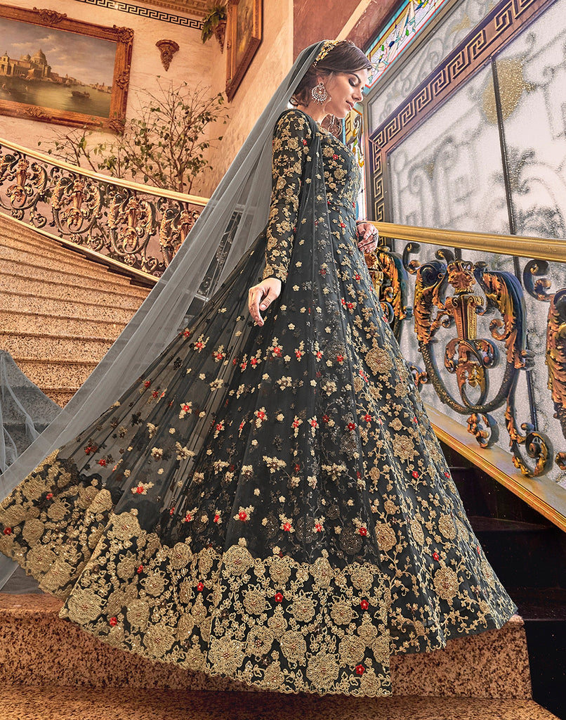 Charcoal Gray Designer Heavy Embroidered Net Bridal Anarkali Gown-Saira's Boutique