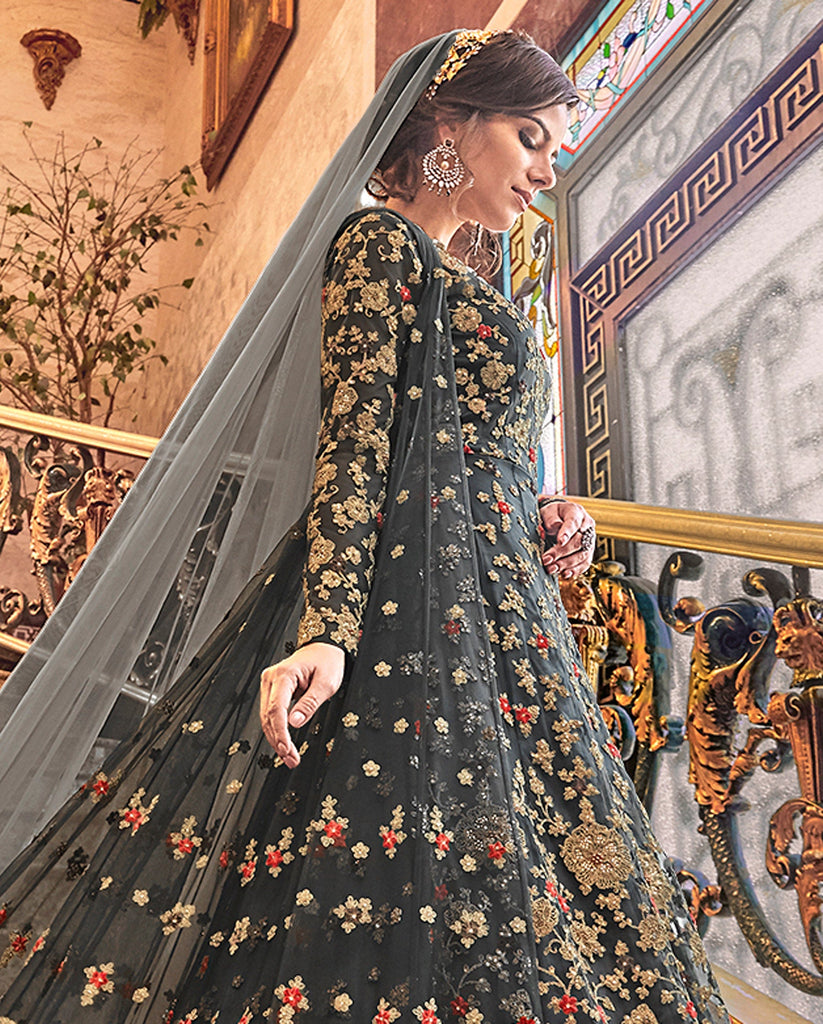 Charcoal Gray Designer Heavy Embroidered Net Bridal Anarkali Gown-Saira's Boutique