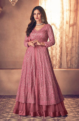 Dusty Rose Designer Heavy Embroidered Wedding Anarkali Suit