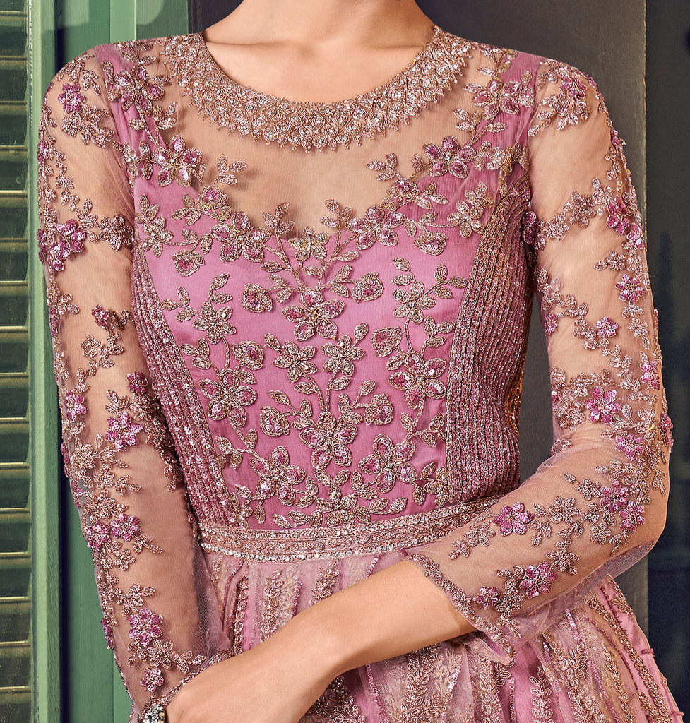 Embroidered Net Gown in Shaded Pink : TLB18