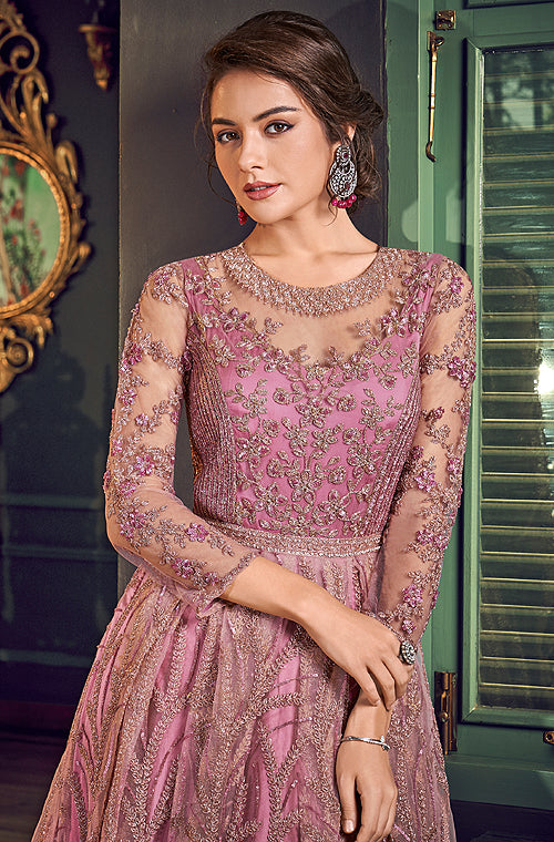 Charm Pink Designer Heavy Embroidered Net Wedding Anarkali Gown-Saira's Boutique