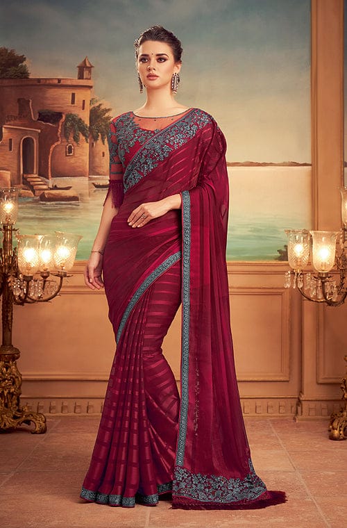 Claret Pink & Gray Designer Embroidered Silk Party Wear Saree