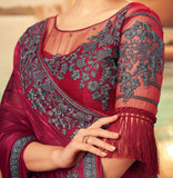 Claret Pink & Gray Designer Embroidered Silk Party Wear Saree-Saira's Boutique