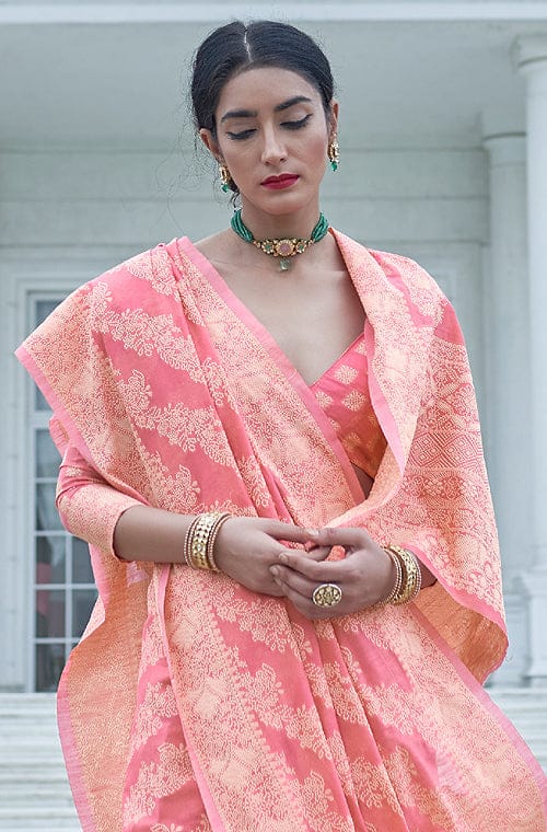 Coral Pink Designer Heavy Embroidered Chikankari Party Wear Saree-Saira's Boutique