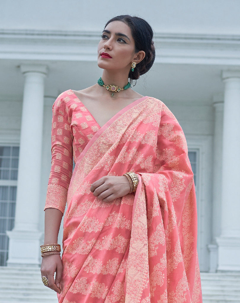 Coral Pink Designer Heavy Embroidered Chikankari Party Wear Saree-Saira's Boutique