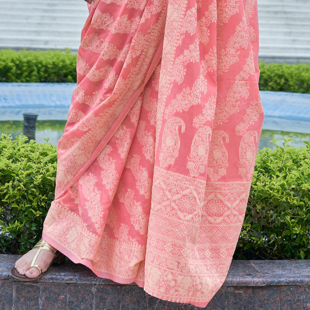 Coral Pink Designer Heavy Embroidered Chikankari Party Wear Saree-Saira's Boutique