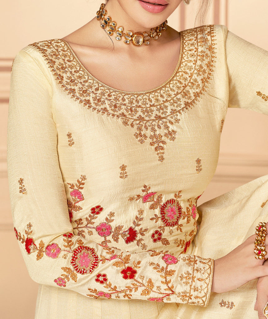 Cream Designer Embroidered Floor Length Silk Anarkali Suit-Saira's Boutique