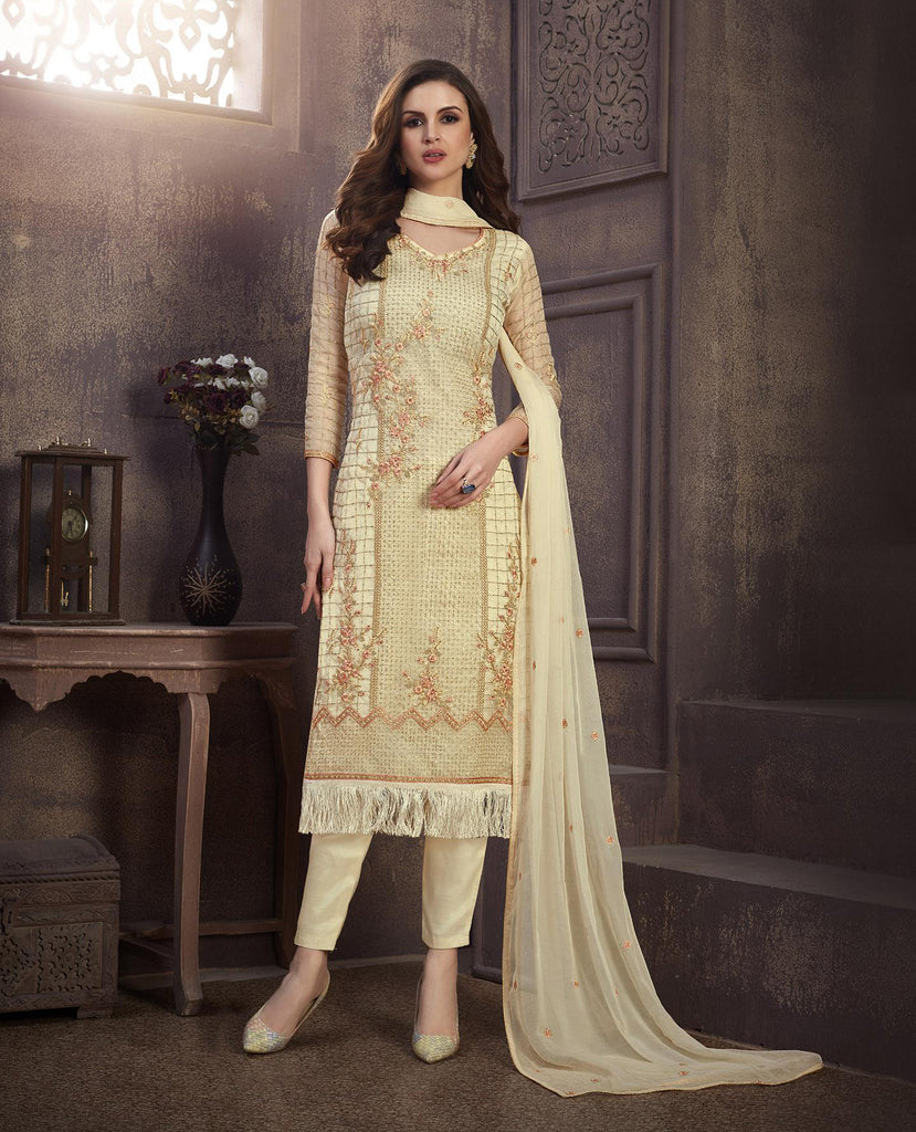 Cream Designer Embroidered Organza Party Wear Pant Suit-Saira's Boutique