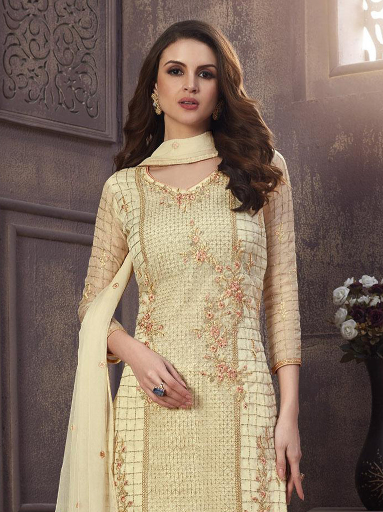 Cream Designer Embroidered Organza Party Wear Pant Suit-Saira's Boutique