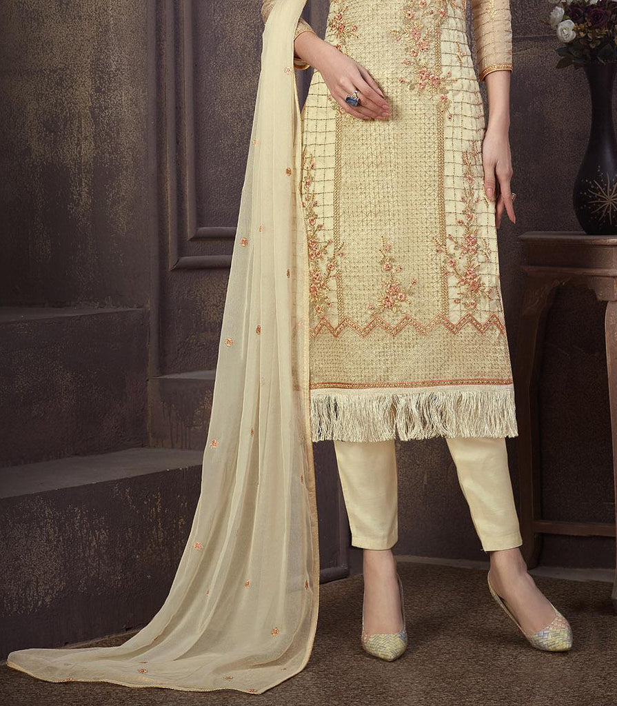 Cream Designer Embroidered Organza Party Wear Pant Suit-Saira's Boutique