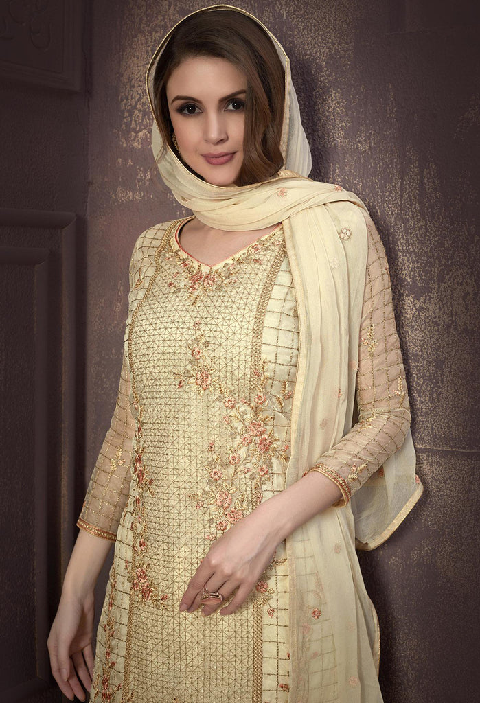 Cream Designer Embroidered Organza Party Wear Pant Suit-Saira's Boutique