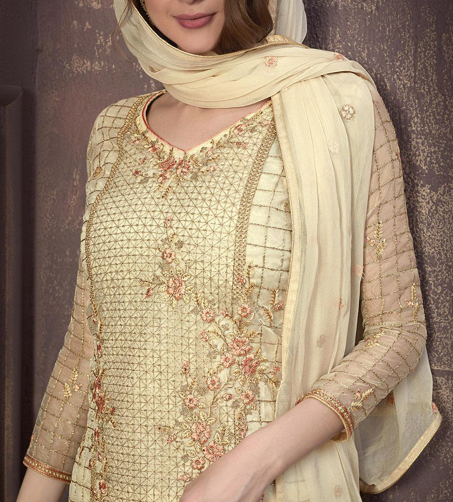 Cream Designer Embroidered Organza Party Wear Pant Suit-Saira's Boutique