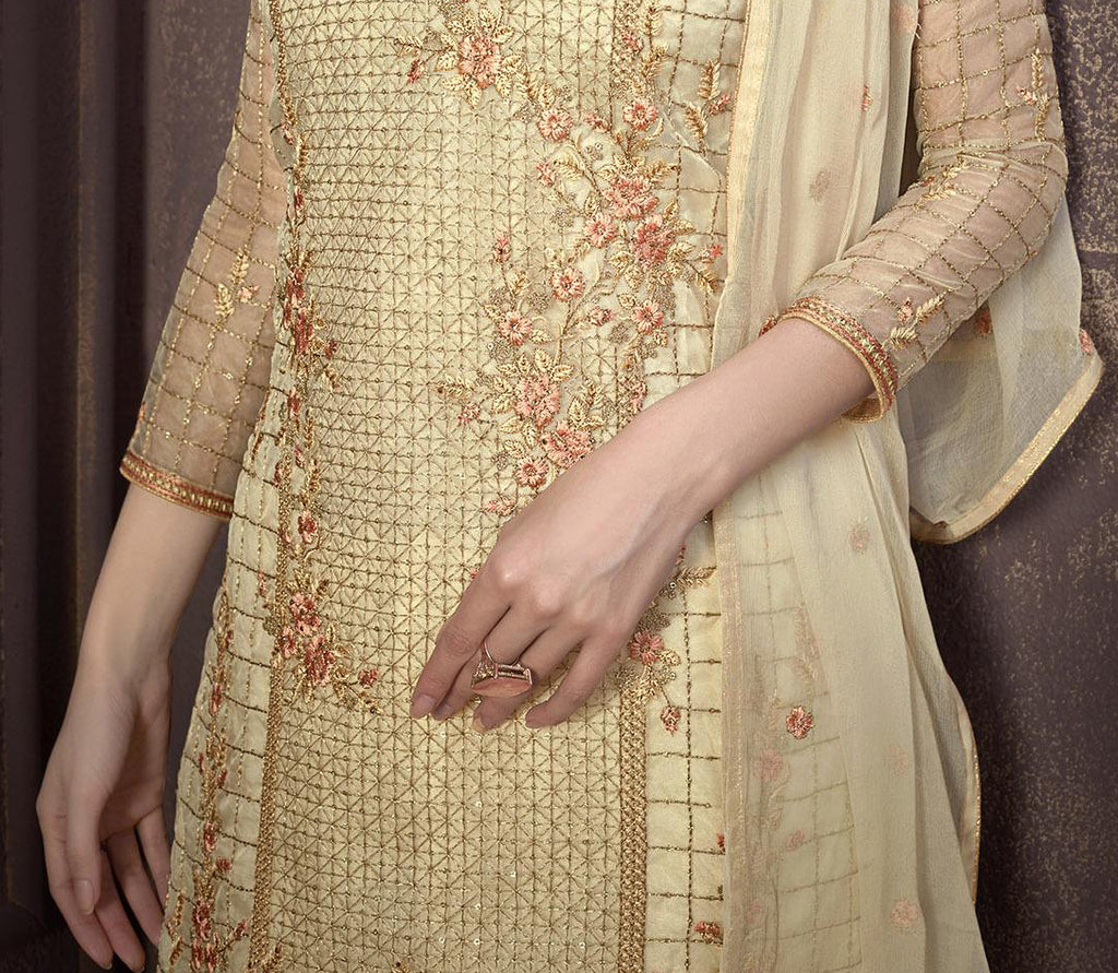 Cream Designer Embroidered Organza Party Wear Pant Suit-Saira's Boutique