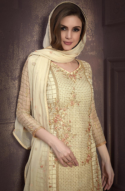 Cream Designer Embroidered Organza Party Wear Pant Suit-Saira's Boutique