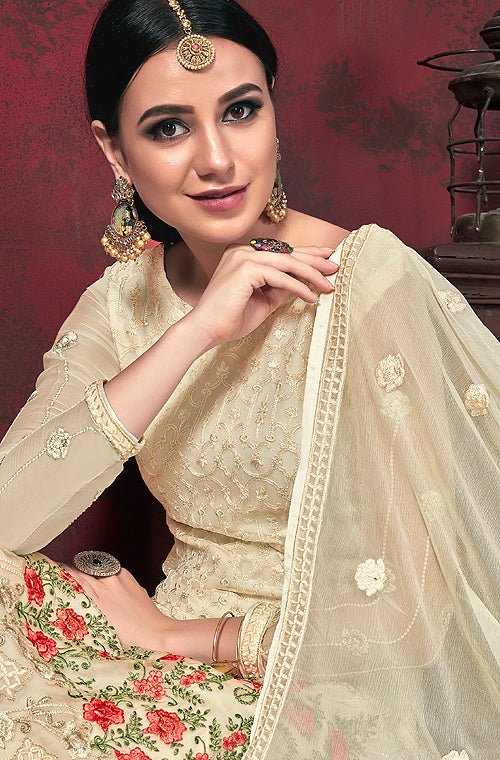 Cream & Beige Orange Designer Embroidered Chiffon Party Wear Pant Suit-Saira's Boutique