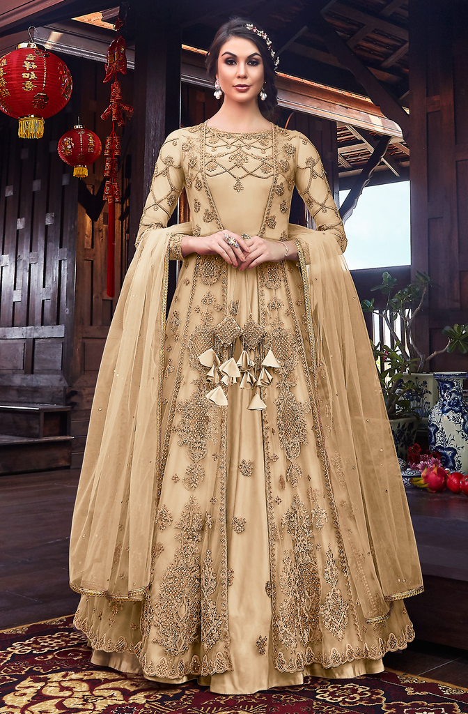 Cream Beige Designer Embroidered Satin Bridal Anarkali Gown | Saira's  Boutique