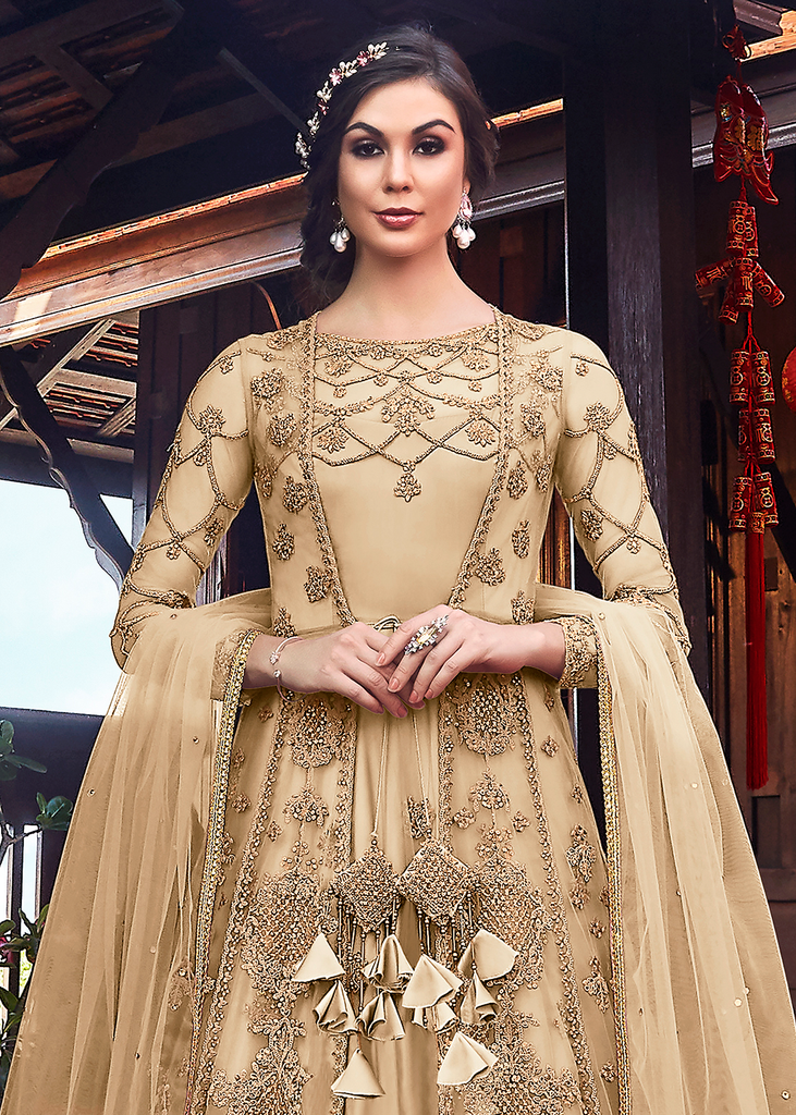 908966: Beige and Brown color family semi-stiched Anarkali Suits .