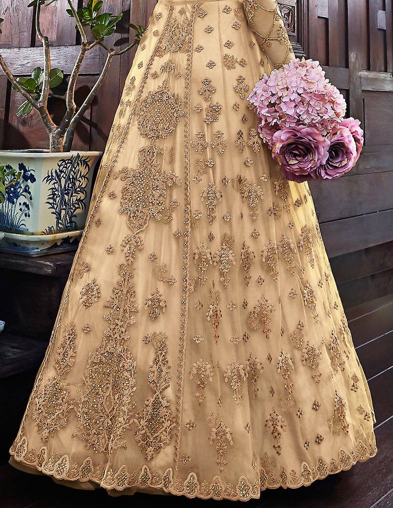 Floor Length Gown Embroidered Georgette in Cream -