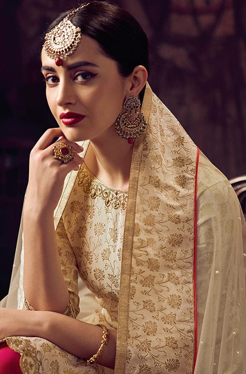 Cream & Crimson Pink Designer Embroidered Jacquard Pant Suit-Saira's Boutique