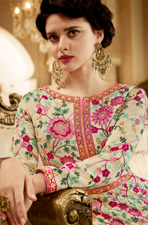 Cream Designer Heavy Embroidered Art Silk Bridal Anarkali Gown-Saira's Boutique