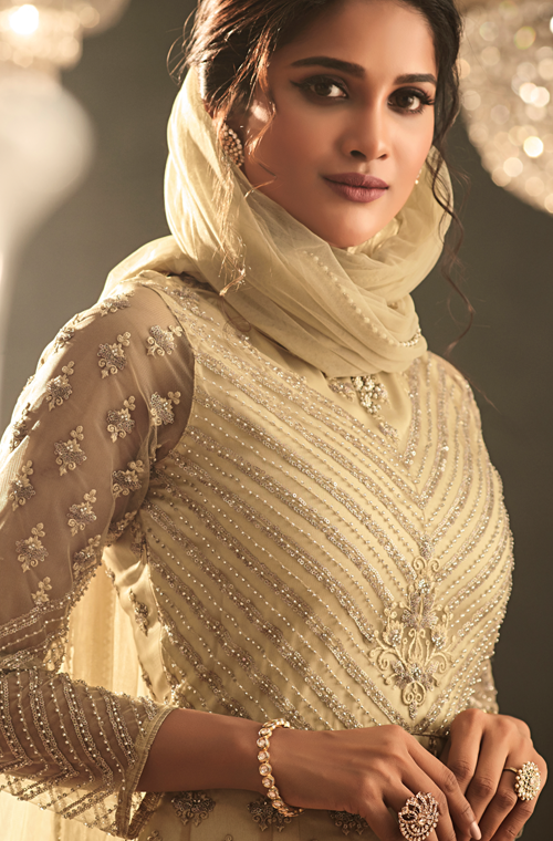 Cream Designer Heavy Embroidered Net Wedding Anarkali Gown-Saira's Boutique