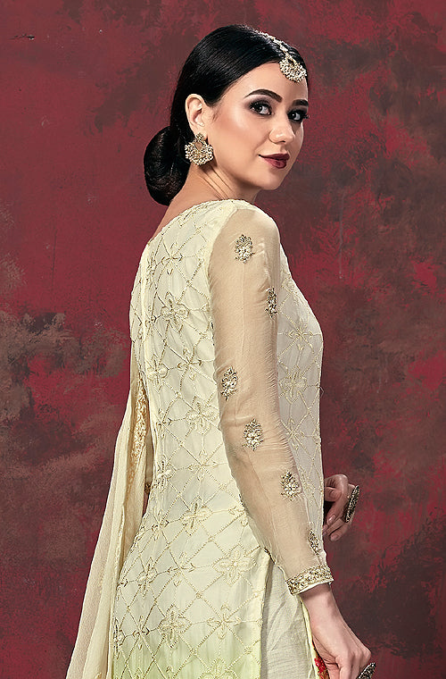 Cream & Green Designer Embroidered Chiffon Party Wear Pant Suit-Saira's Boutique