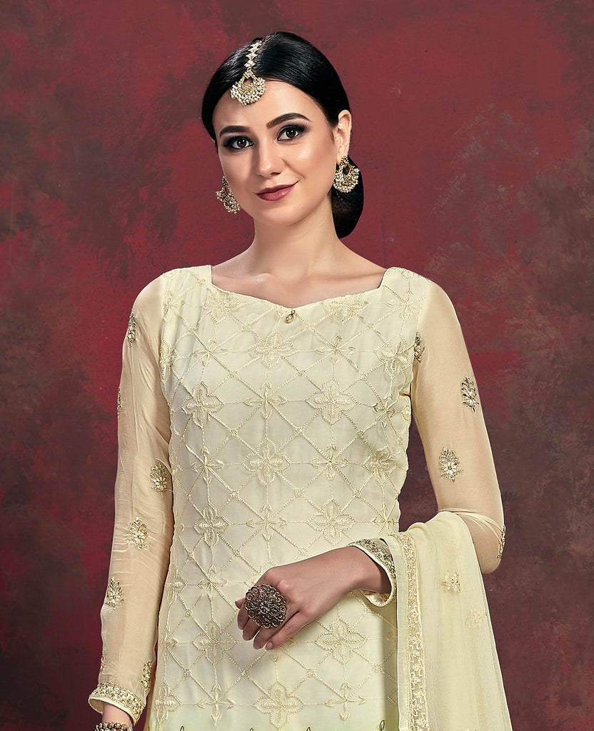 Cream & Green Designer Embroidered Chiffon Party Wear Pant Suit-Saira's Boutique