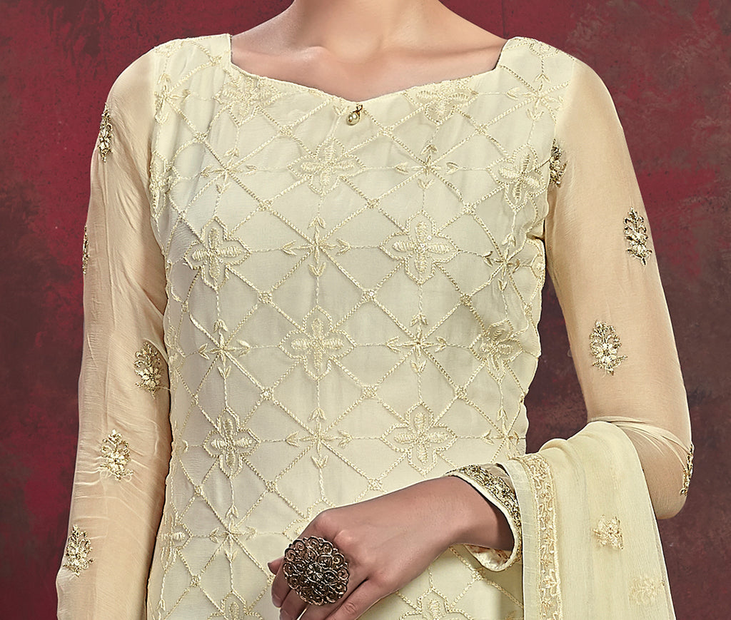 Cream & Green Designer Embroidered Chiffon Party Wear Pant Suit-Saira's Boutique