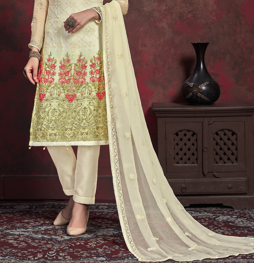 Cream & Green Designer Embroidered Chiffon Party Wear Pant Suit-Saira's Boutique