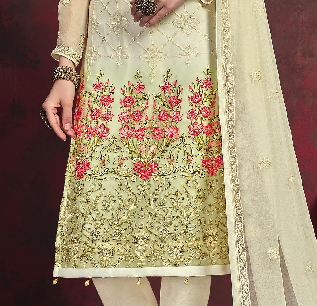 Cream & Green Designer Embroidered Chiffon Party Wear Pant Suit-Saira's Boutique