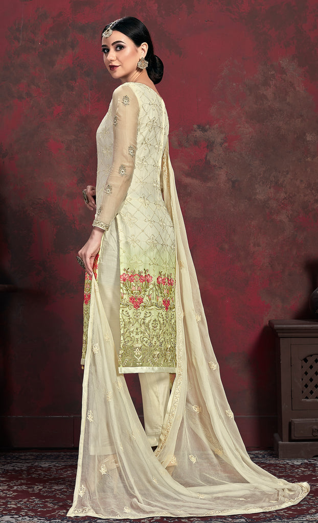 Cream & Green Designer Embroidered Chiffon Party Wear Pant Suit-Saira's Boutique