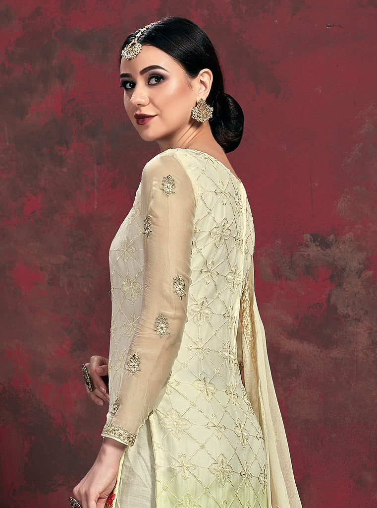 Cream & Green Designer Embroidered Chiffon Party Wear Pant Suit-Saira's Boutique