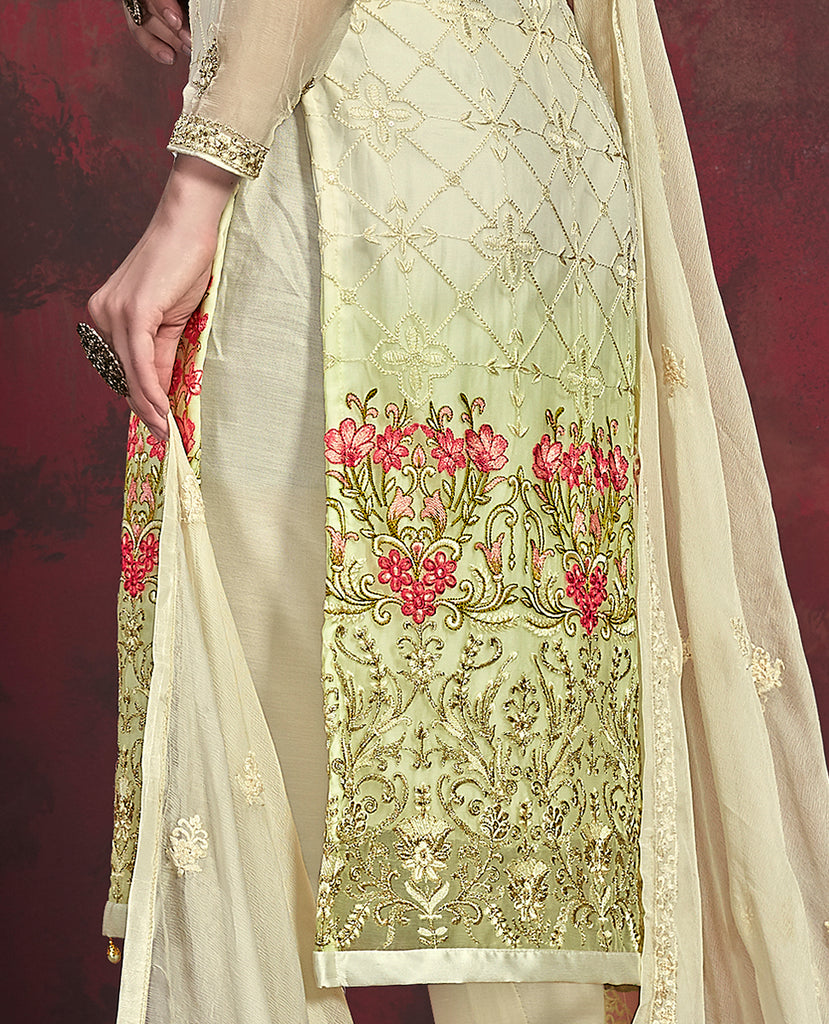 Cream & Green Designer Embroidered Chiffon Party Wear Pant Suit-Saira's Boutique
