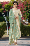 Cream & Green Designer Embroidered Jacquard Churidar Suit-Saira's Boutique