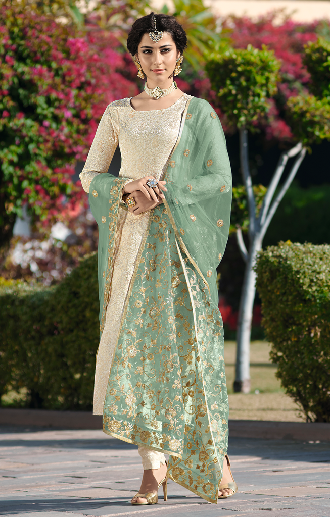 Cream & Green Designer Embroidered Jacquard Churidar Suit-Saira's Boutique