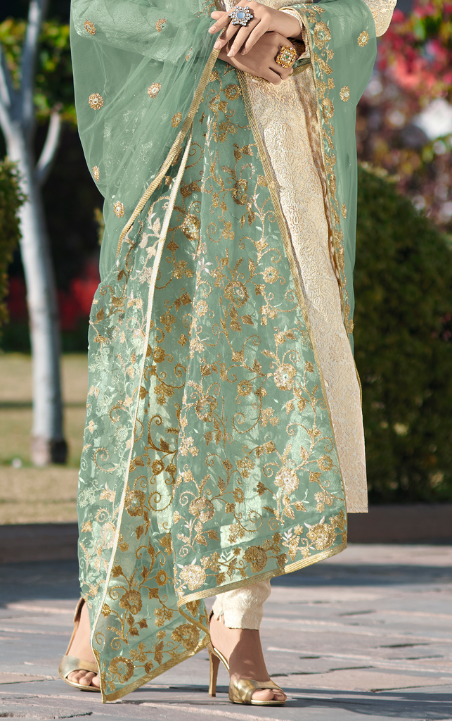 Cream & Green Designer Embroidered Jacquard Churidar Suit-Saira's Boutique